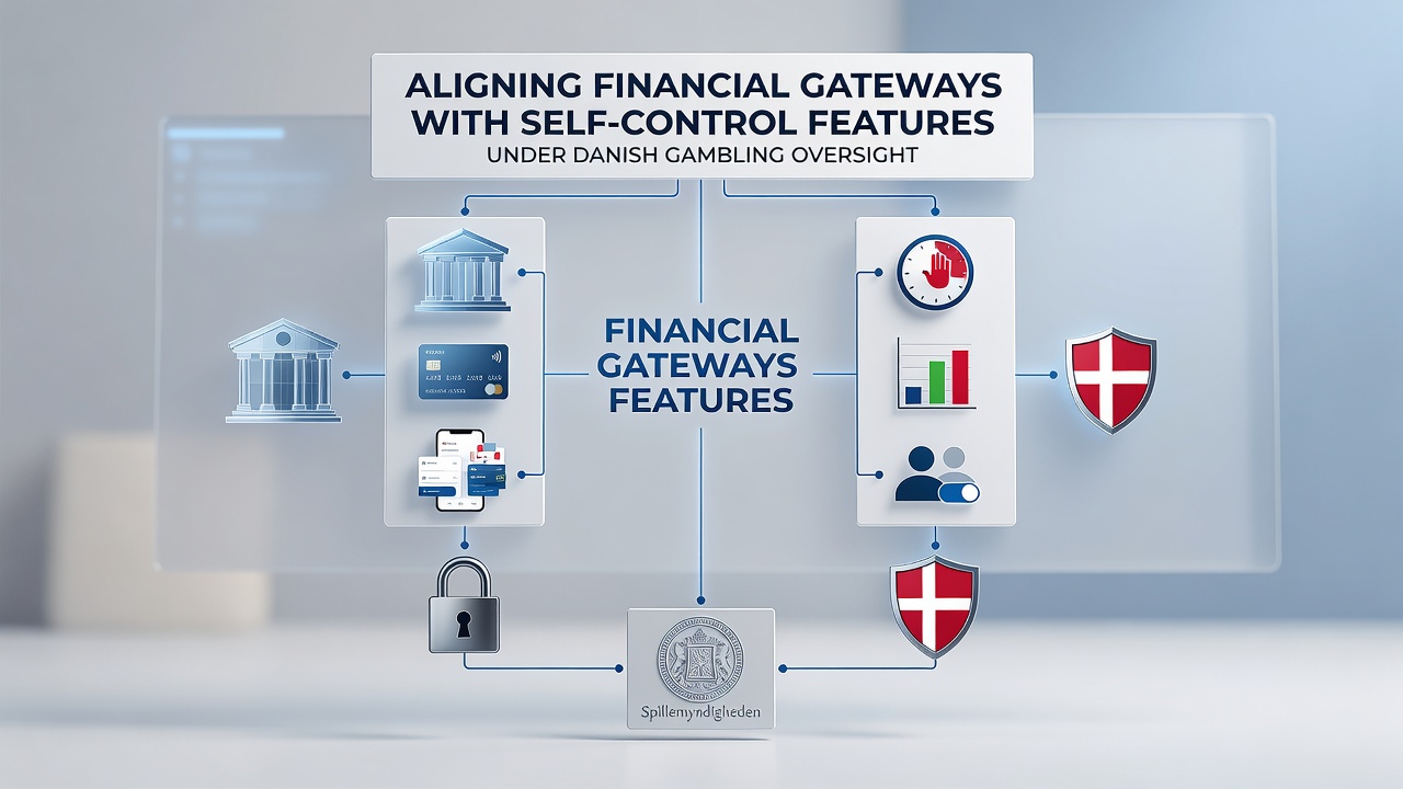 Diagram over integration mellem finansielle gateways og selv kontrolmekanismer i dansk spillekontekst